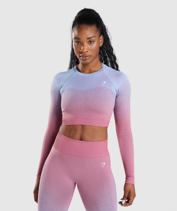 Damske Crop Top Gymshark Adapt Ombre Seamless Long Sleeve Ruzove Ruzove Svetlo / Modre | SE4817590